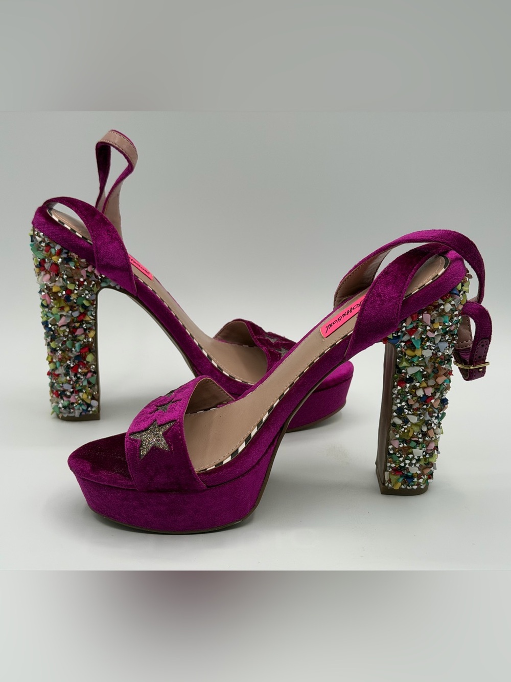 Betsey Johnson Fuchsia Velvet Platform Sandals with Multicolor Jeweled Heels